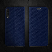 Lade das Bild in den Galerie-Viewer, Moozy Wallet Case für Samsung A50, Dark Blue Carbon – Metallischer Kantenschutz Magnetverschluss Flip Cover mit Kartenhalter
