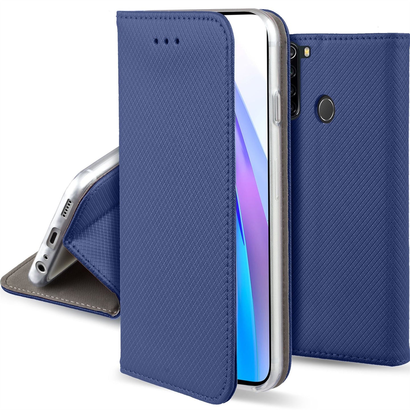 Moozy Case Flip Cover for Xiaomi Redmi Note 8T, Dark Blue - Smart Magnetic Flip Case with Card Holder and Stand