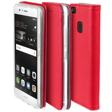 Carica l&#39;immagine nel visualizzatore di Gallery, Moozy Case Flip Cover for Huawei P9 Lite, Red - Smart Magnetic Flip Case with Card Holder and Stand
