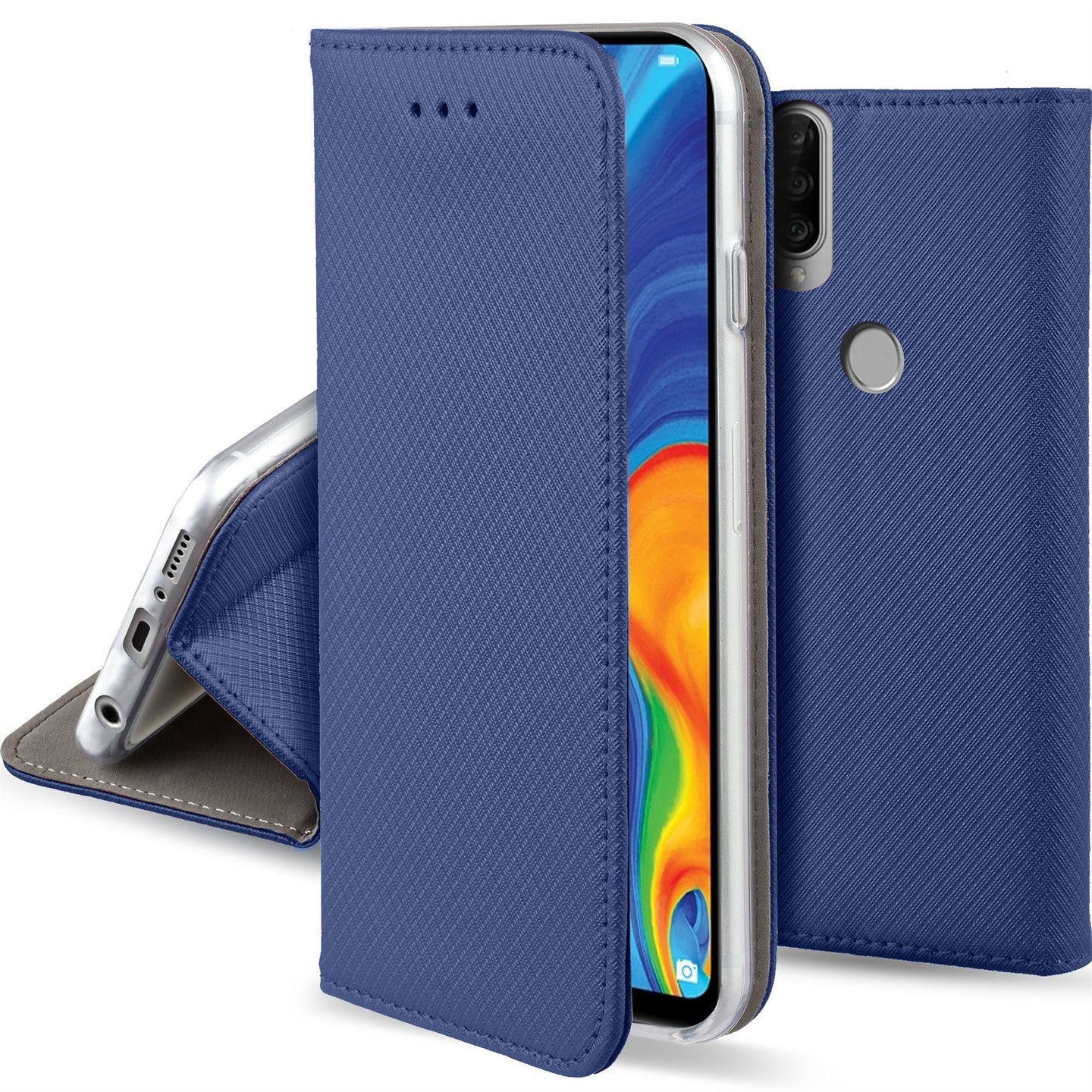 Moozy Case Flip Cover for Huawei P30 Lite, Dark Blue - Smart Magnetic Flip Case with Card Holder and Stand