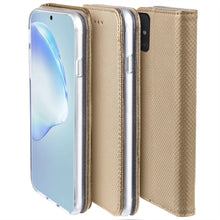 Lade das Bild in den Galerie-Viewer, Moozy Case Flip Cover for Samsung S20, Gold - Smart Magnetic Flip Case with Card Holder and Stand
