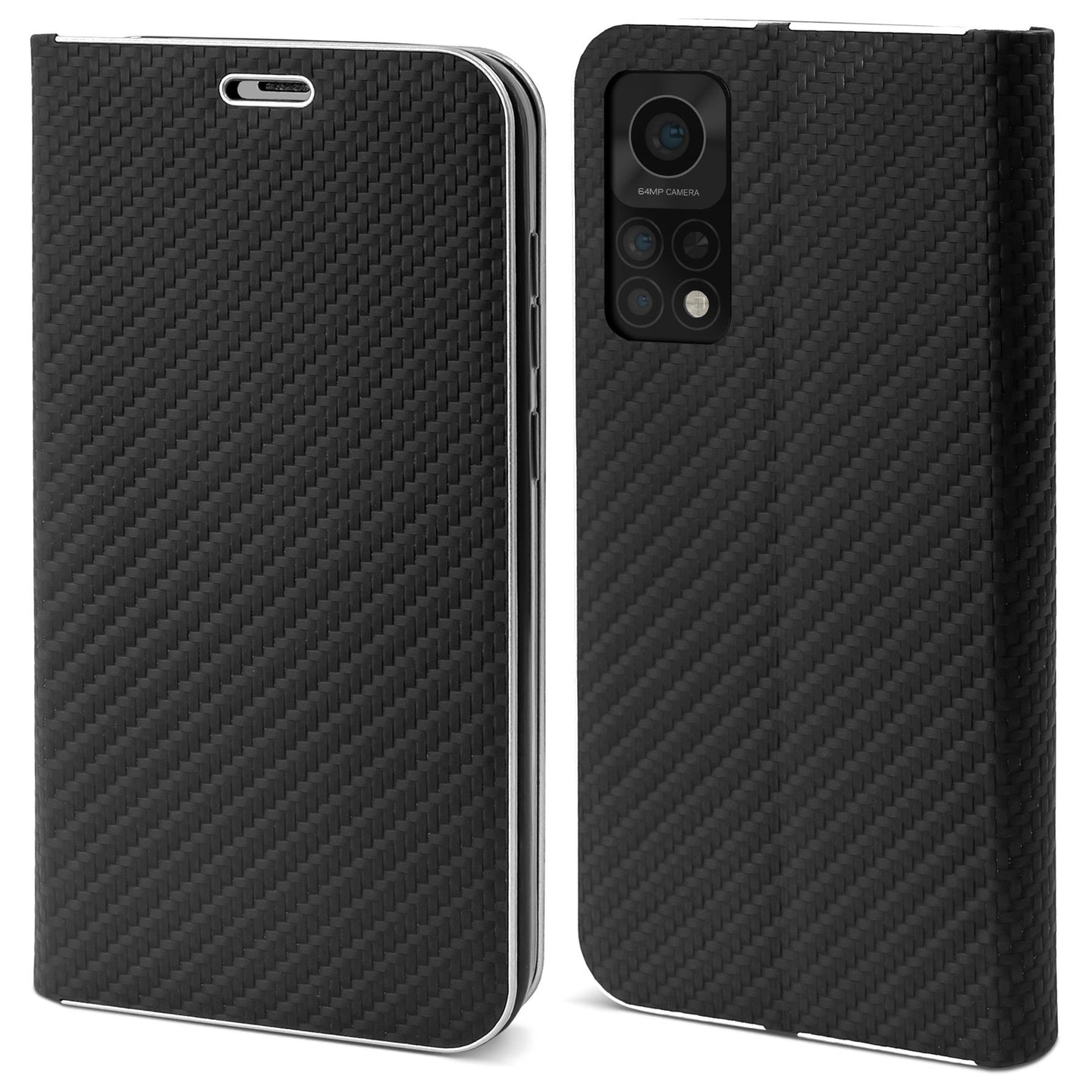 Moozy Wallet Case für Xiaomi Mi 10T 5G und Mi 10T Pro 5G, Black Carbon – Metallischer Kantenschutz Magnetverschluss Flip Cover mit Kartenhalter