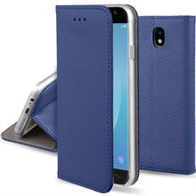 Cargar imagen en el visor de la galería, Moozy Case Flip Cover for Samsung J3 2017, Dark Blue - Smart Magnetic Flip Case with Card Holder and Stand
