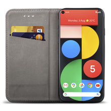 Carica l&#39;immagine nel visualizzatore di Gallery, Moozy Case Flip Cover for Google Pixel 5, Black - Smart Magnetic Flip Case with Card Holder and Stand
