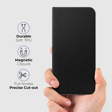 Załaduj obraz do przeglądarki galerii, Moozy Wallet Case for Xiaomi 11T and 11T Pro, Black Carbon - Flip Case with Metallic Border Design Magnetic Closure Flip Cover with Card Holder and Kickstand Function
