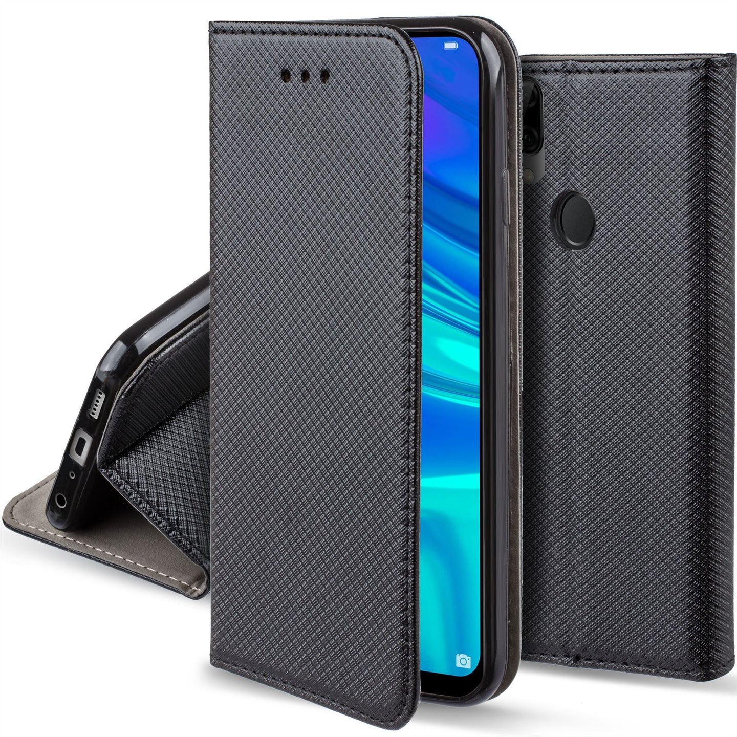 Moozy Case Flip Cover for Huawei P Smart 2019, Honor 10 Lite, Black - Smart Magnetic Flip Case with Card Holder and Stand