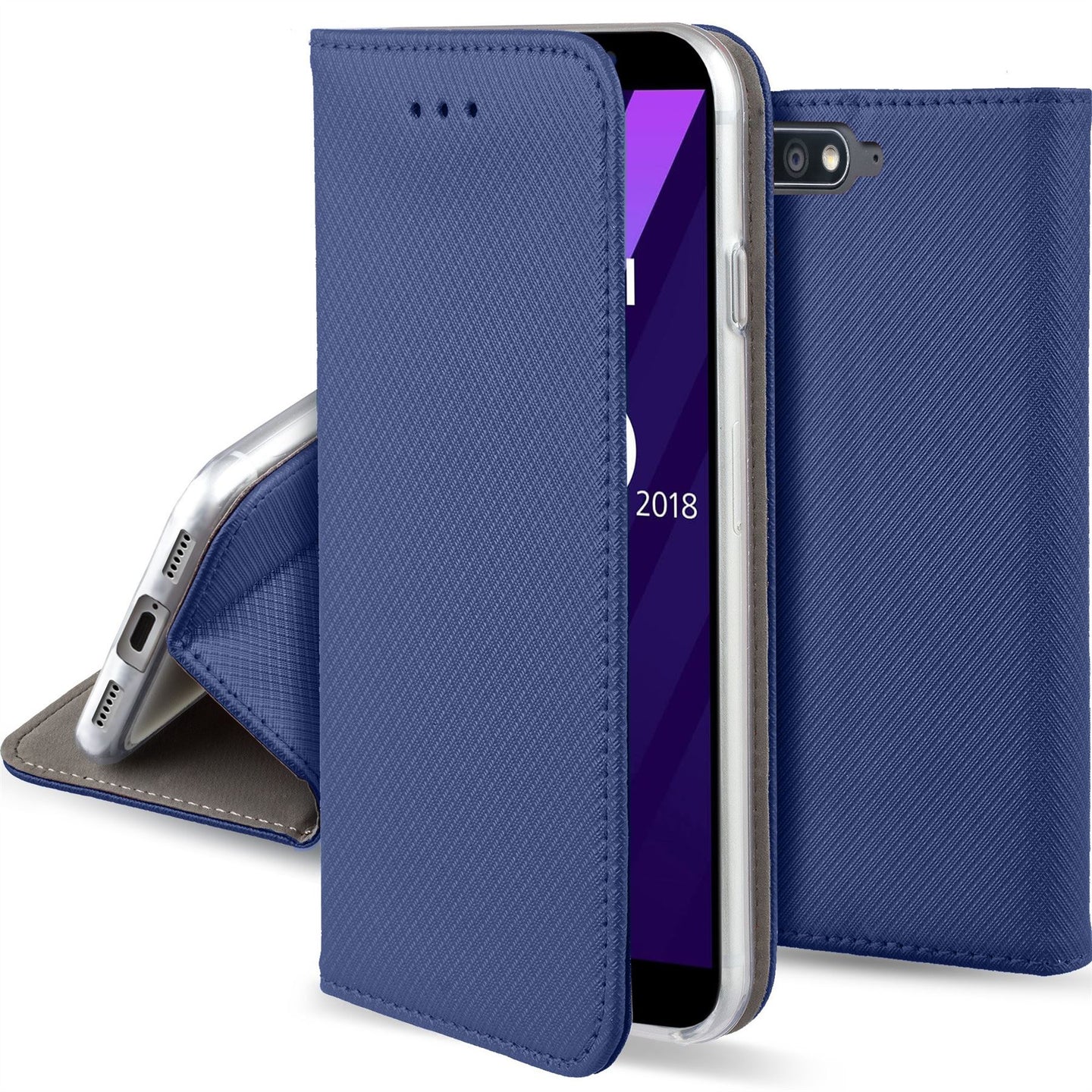 Moozy Case Flip Cover for Huawei Y6 2018, Dark Blue - Smart Magnetic Flip Case with Card Holder and Stand