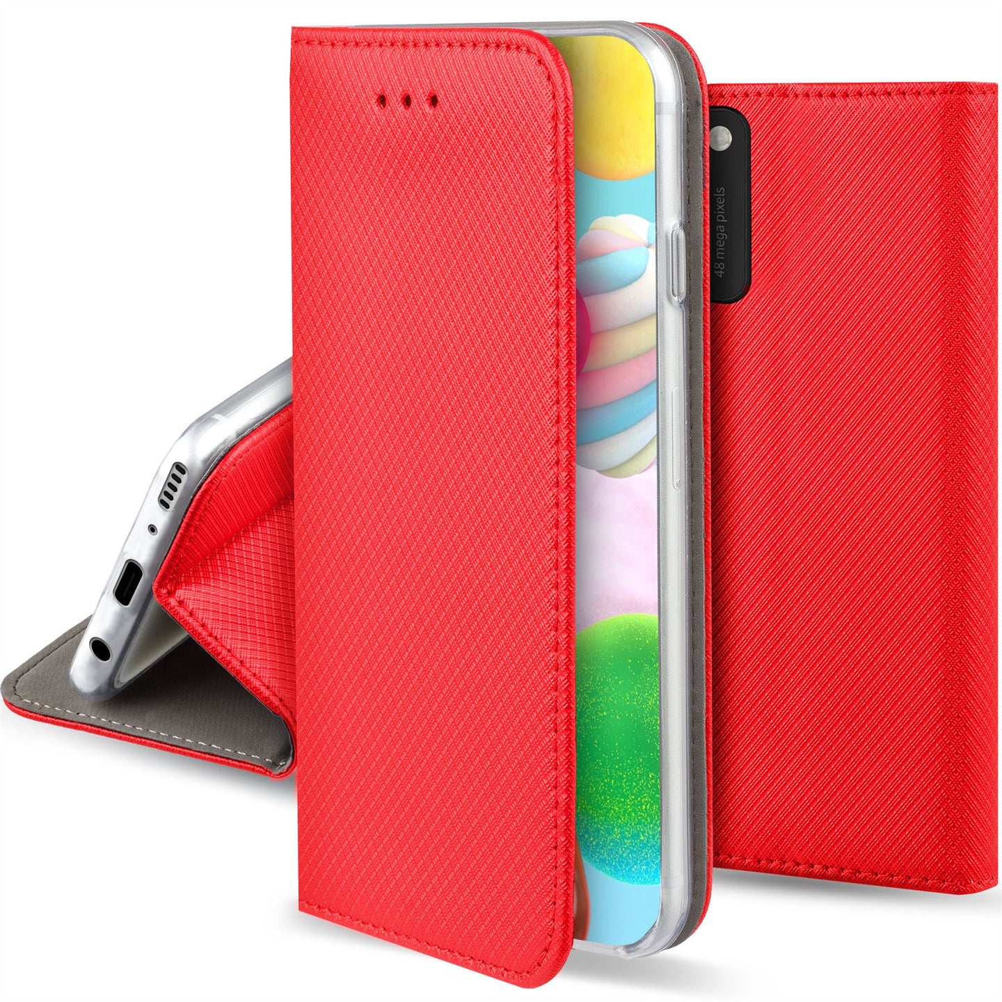 Moozy Case Flip Cover for Samsung A41, Red - Smart Magnetic Flip Case with Card Holder and Stand