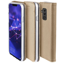 Load image into Gallery viewer, Moozy Case Flip Cover for Huawei Mate 20 Lite, Gold - Smart Magnetic Flip Case with Card Holder and Stand
