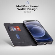 Załaduj obraz do przeglądarki galerii, Moozy Wallet Case for iPhone 12 mini, Black Carbon – Metallic Edge Protection Magnetic Closure Flip Cover with Card Holder
