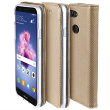 Lade das Bild in den Galerie-Viewer, Moozy Case Flip Cover for Huawei P Smart, Gold - Smart Magnetic Flip Case with Card Holder and Stand
