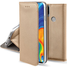 Load image into Gallery viewer, Moozy Case Flip Cover for Huawei P30 Lite, Gold - Smart Magnetic Flip Case with Card Holder and Stand

