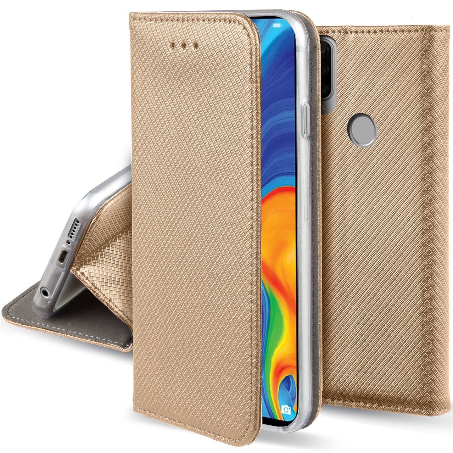 Moozy Case Flip Cover for Huawei P30 Lite, Gold - Smart Magnetic Flip Case with Card Holder and Stand