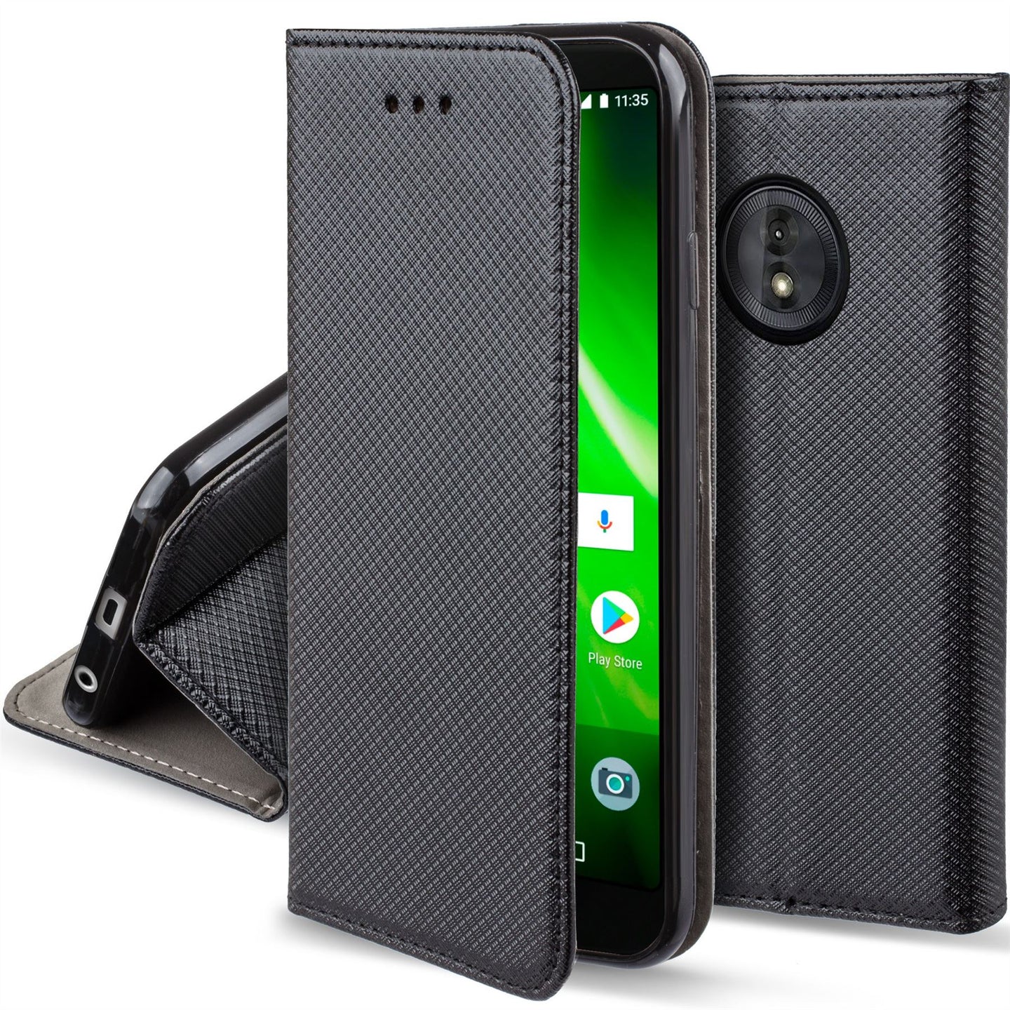 Moozy Case Flip Cover for Motorola Moto G6, Moto 1S, Black - Smart Magnetic Flip Case with Card Holder and Stand