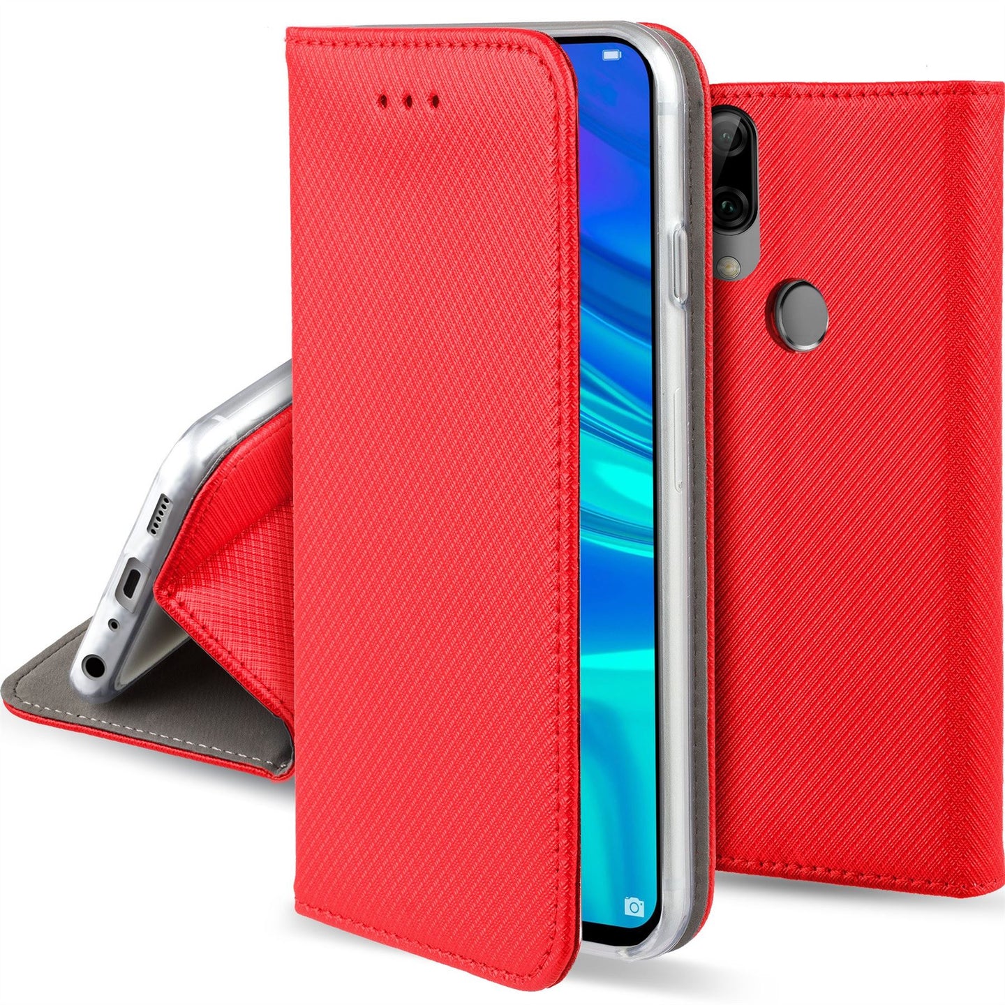 Moozy Case Flip Cover for Huawei P Smart 2019, Honor 10 Lite, Red - Smart Magnetic Flip Case with Card Holder and Stand