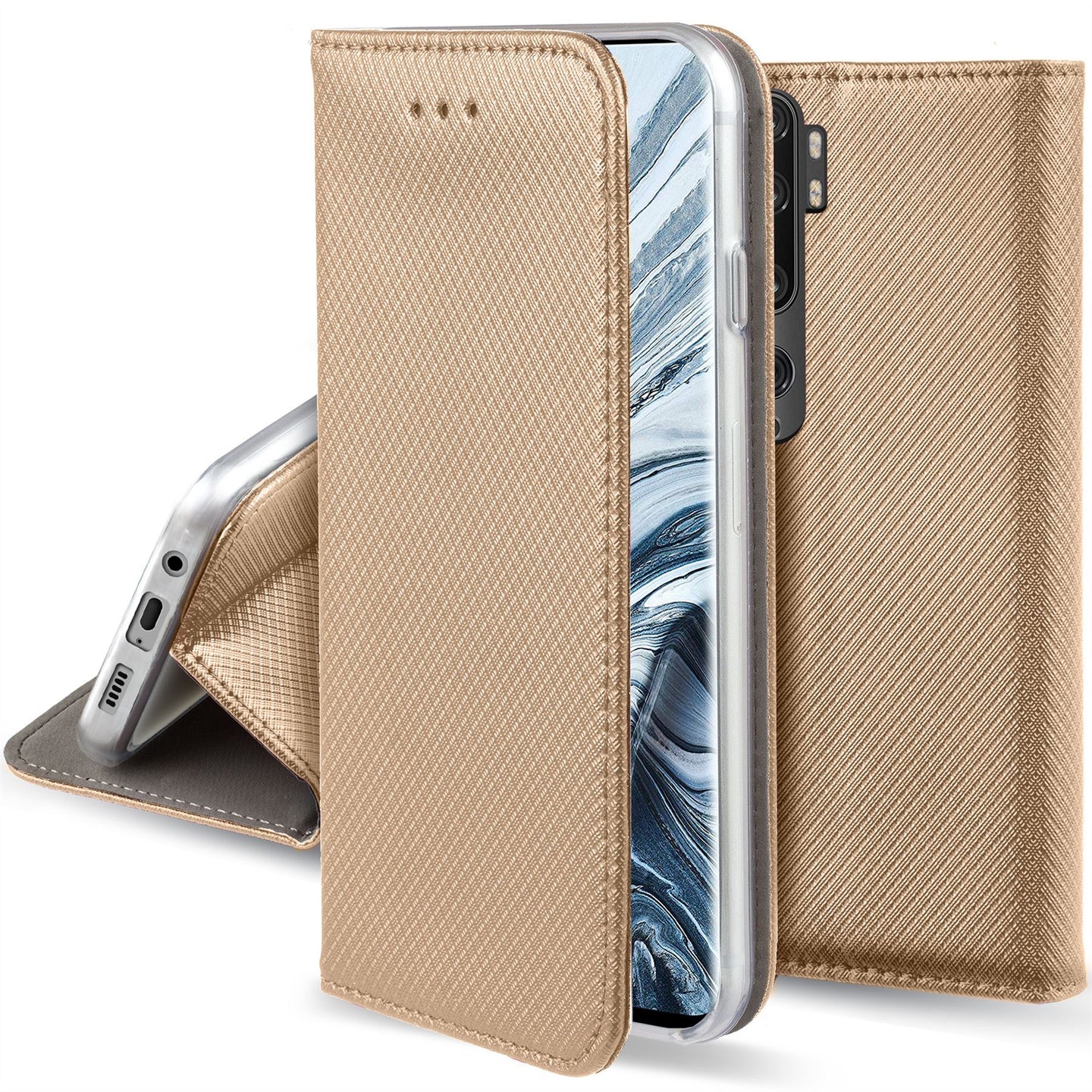 Moozy Case Flip Cover for Xiaomi Mi Note 10, Xiaomi Mi Note 10 Pro, Gold - Smart Magnetic Flip Case with Card Holder and Stand