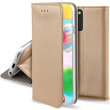 Lade das Bild in den Galerie-Viewer, Moozy Case Flip Cover for Samsung A41, Gold - Smart Magnetic Flip Case with Card Holder and Stand
