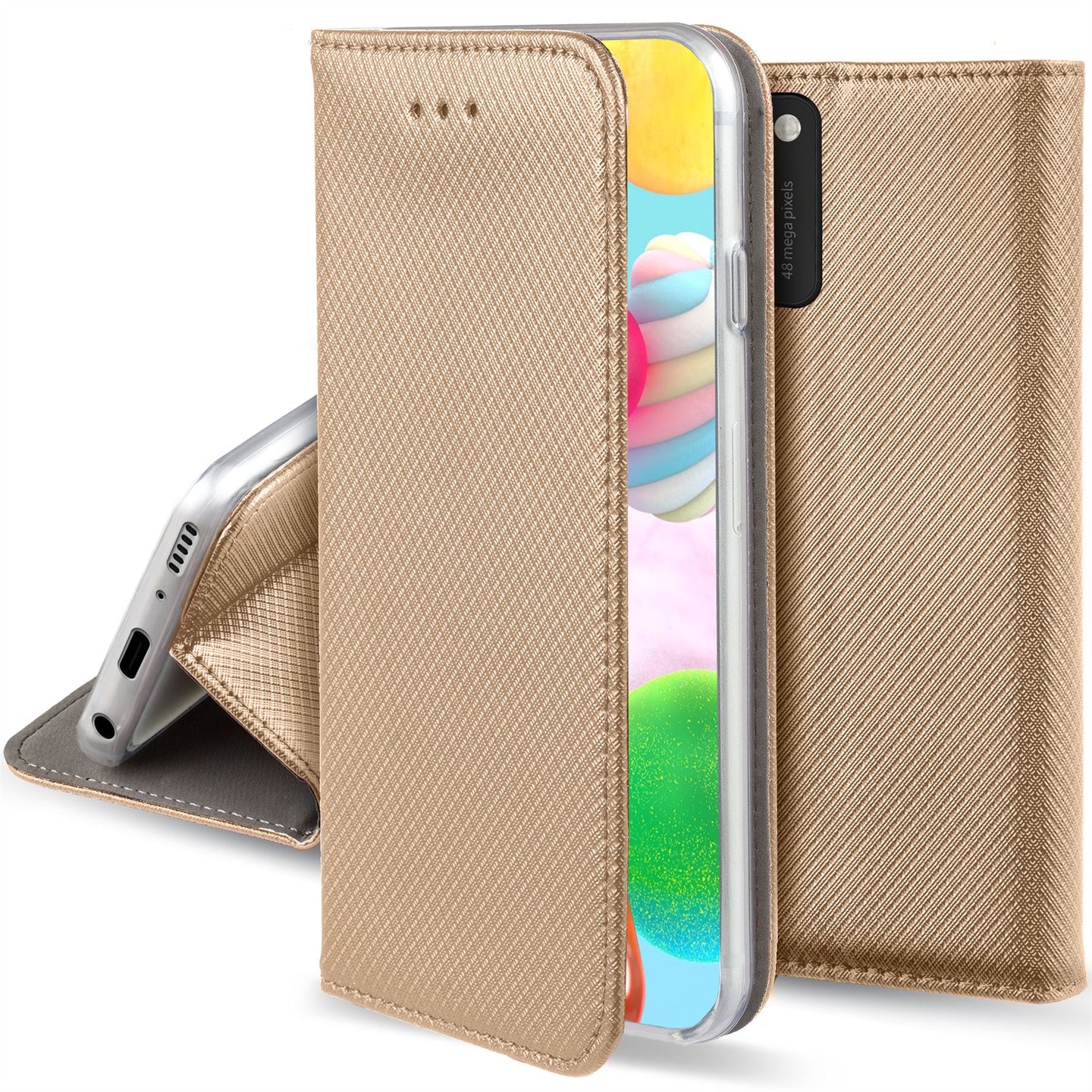 Moozy Case Flip Cover for Samsung A41, Gold - Smart Magnetic Flip Case with Card Holder and Stand