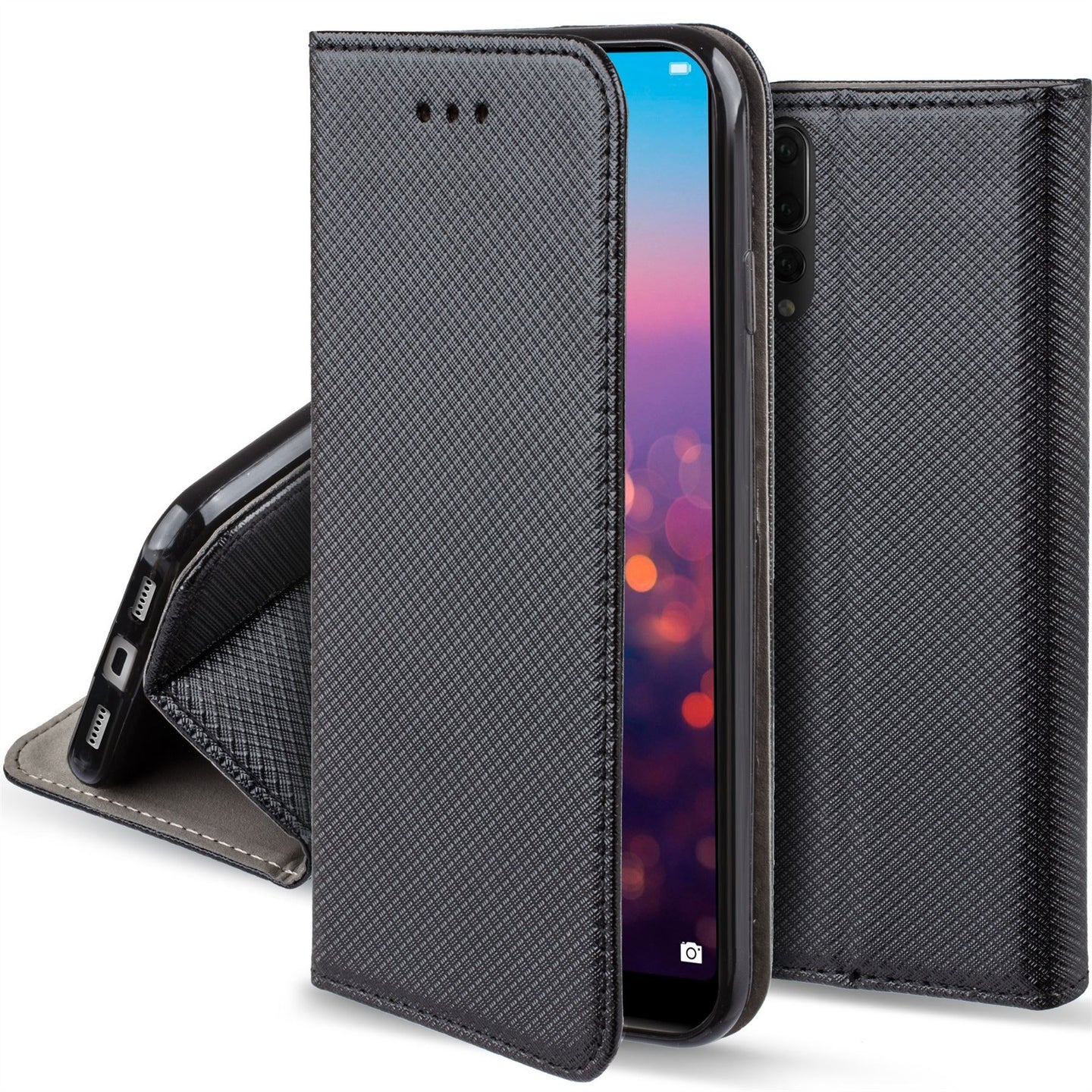 Moozy Case Flip Cover for Huawei P20 Pro, Black - Smart Magnetic Flip Case with Card Holder and Stand