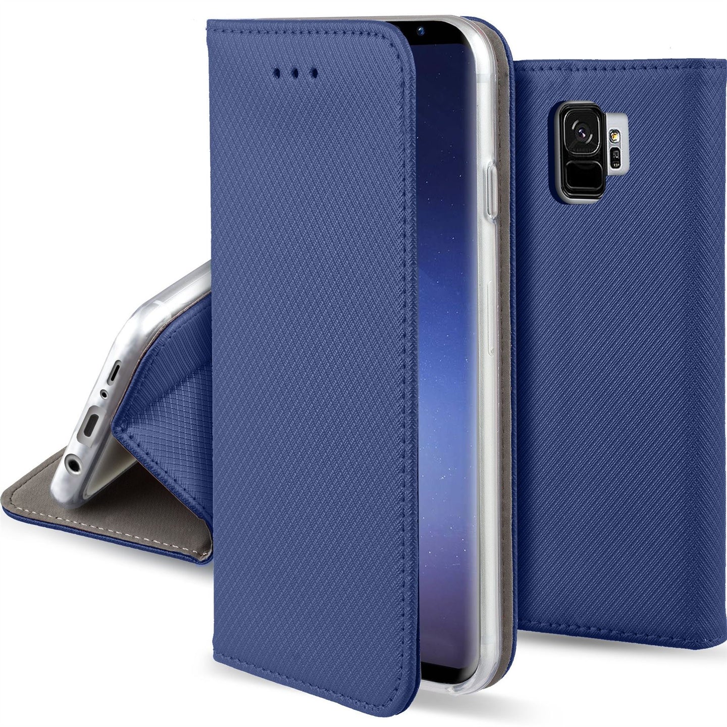 Moozy Case Flip Cover for Samsung S9, Dark Blue - Smart Magnetic Flip Case with Card Holder and Stand