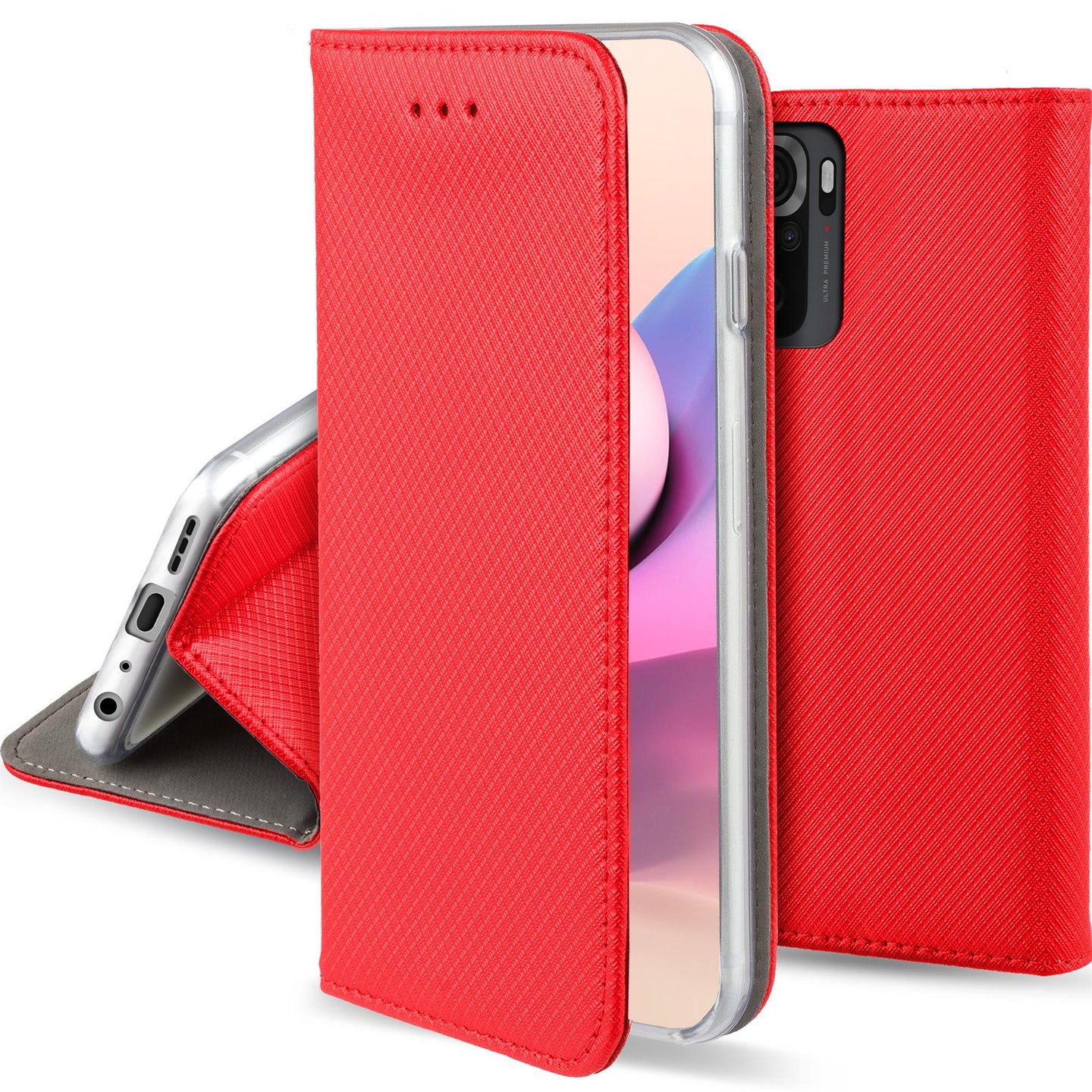 Moozy Case Flip Cover for Xiaomi Redmi Note 10 and Redmi Note 10S, Red - Smart Magnetic Flip Case Flip Folio Wallet Case