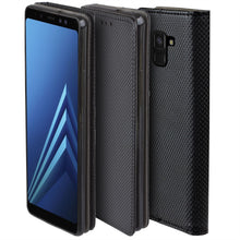 Charger l&#39;image dans la galerie, Moozy Case Flip Cover for Samsung A8 2018, Black - Smart Magnetic Flip Case with Card Holder and Stand
