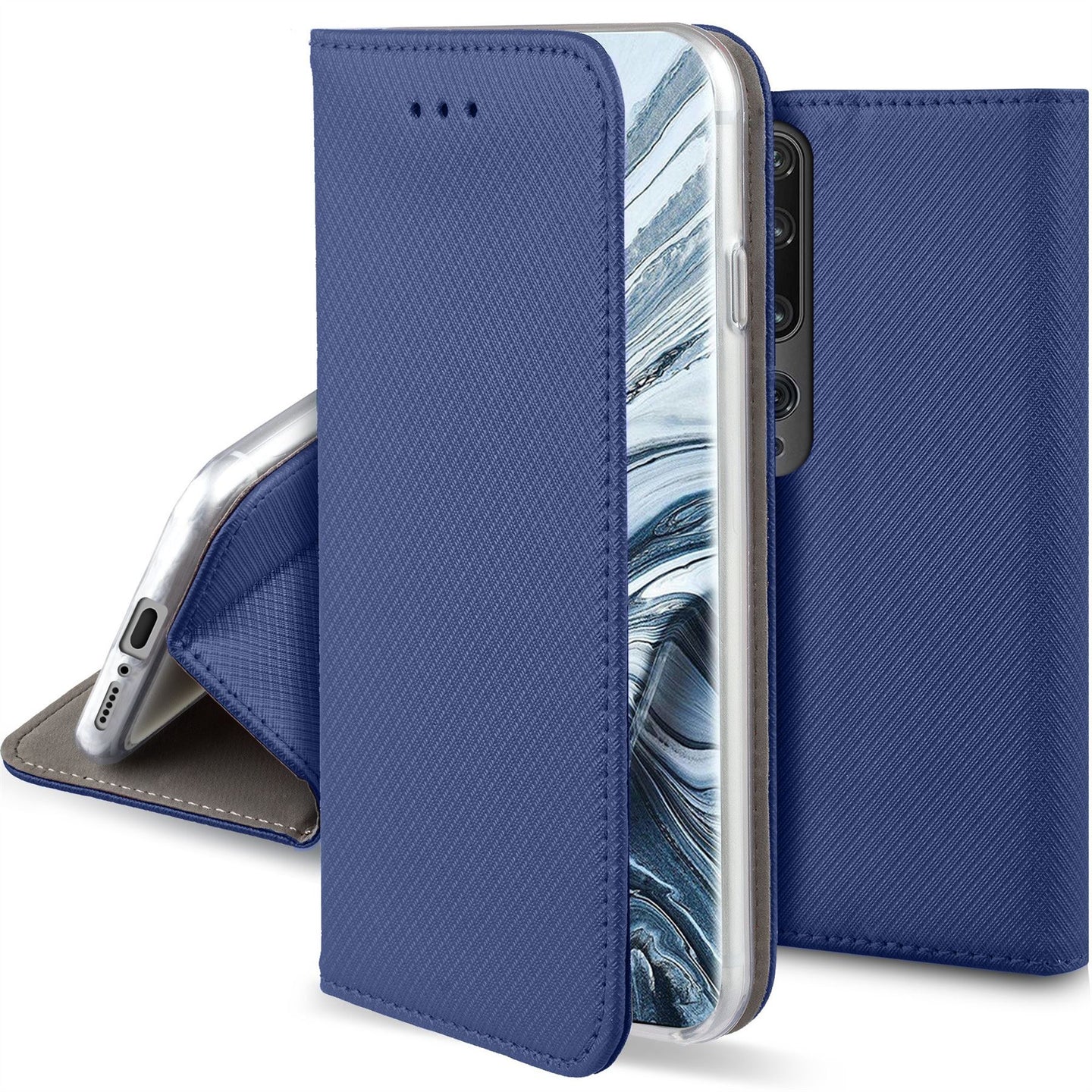 Moozy Case Flip Cover for Xiaomi Mi 10 and Xiaomi Mi 10 Pro, Dark Blue - Smart Magnetic Flip Case with Card Holder and Stand