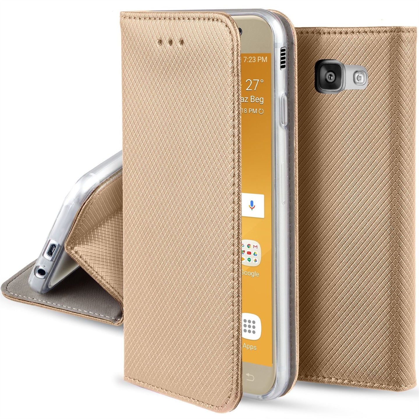 Moozy Case Flip Cover for Samsung A5 2017, Gold - Smart Magnetic Flip Case with Card Holder and Stand