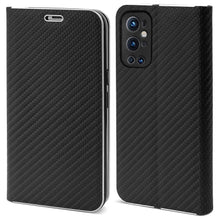 Load image into Gallery viewer, Moozy Wallet Case for OnePlus 9 Pro, Black Carbon - Flip Case with Metallic Border Design Magnetic Closure Flip Cover with Card Holder and Kickstand Function
