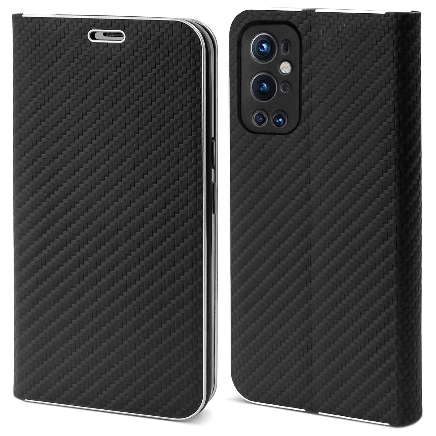 Moozy Wallet Case for OnePlus 9 Pro, Black Carbon - Flip Case with Metallic Border Design Magnetic Closure Flip Cover with Card Holder and Kickstand Function