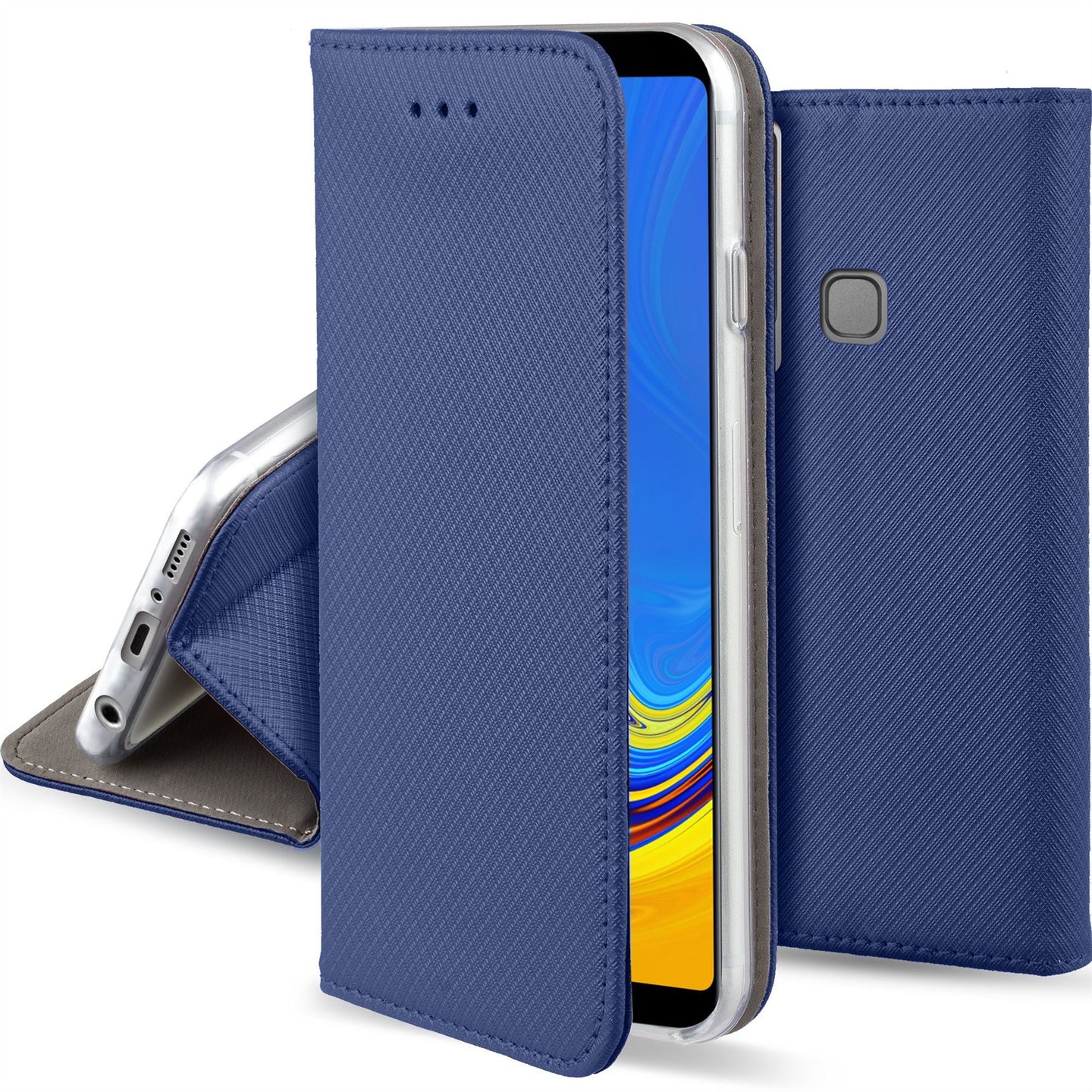 Moozy Case Flip Cover for Samsung A9 2018, Dark Blue - Smart Magnetic Flip Case with Card Holder and Stand