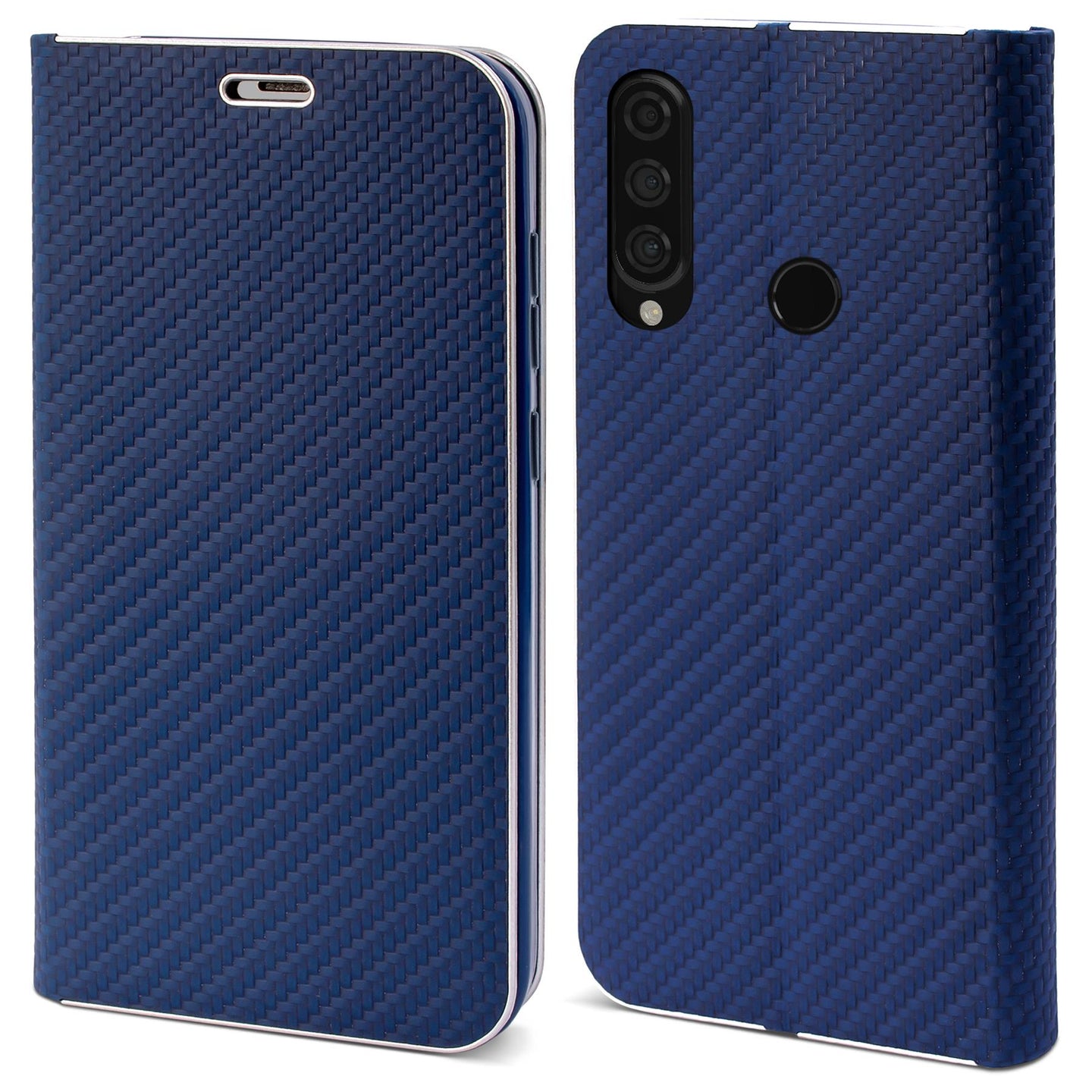 Moozy Wallet Case for Huawei P30 Lite, Dark Blue Carbon – Metallic Edge Protection Magnetic Closure Flip Cover with Card Holder
