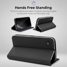 Carica l&#39;immagine nel visualizzatore di Gallery, Moozy Wallet Case for Samsung A22 5G, Black Carbon – Flip Case with Metallic Border Design Magnetic Closure Flip Cover with Card Holder and Kickstand Function
