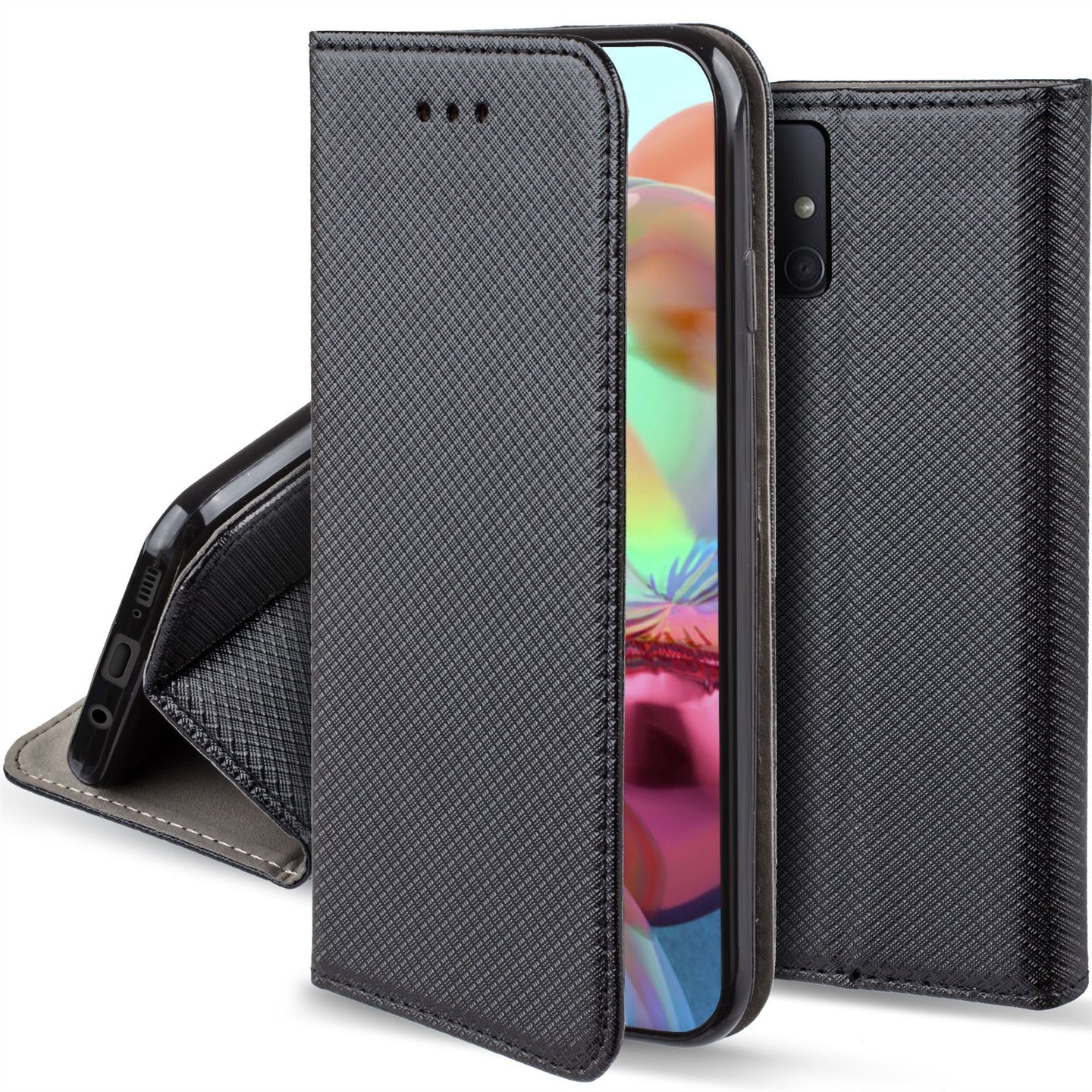 Moozy Case Flip Cover for Samsung A71, Black - Smart Magnetic Flip Case with Card Holder and Stand
