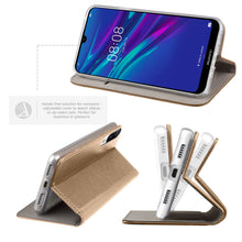 Lade das Bild in den Galerie-Viewer, Moozy Case Flip Cover for Huawei Y6 2019, Gold - Smart Magnetic Flip Case with Card Holder and Stand
