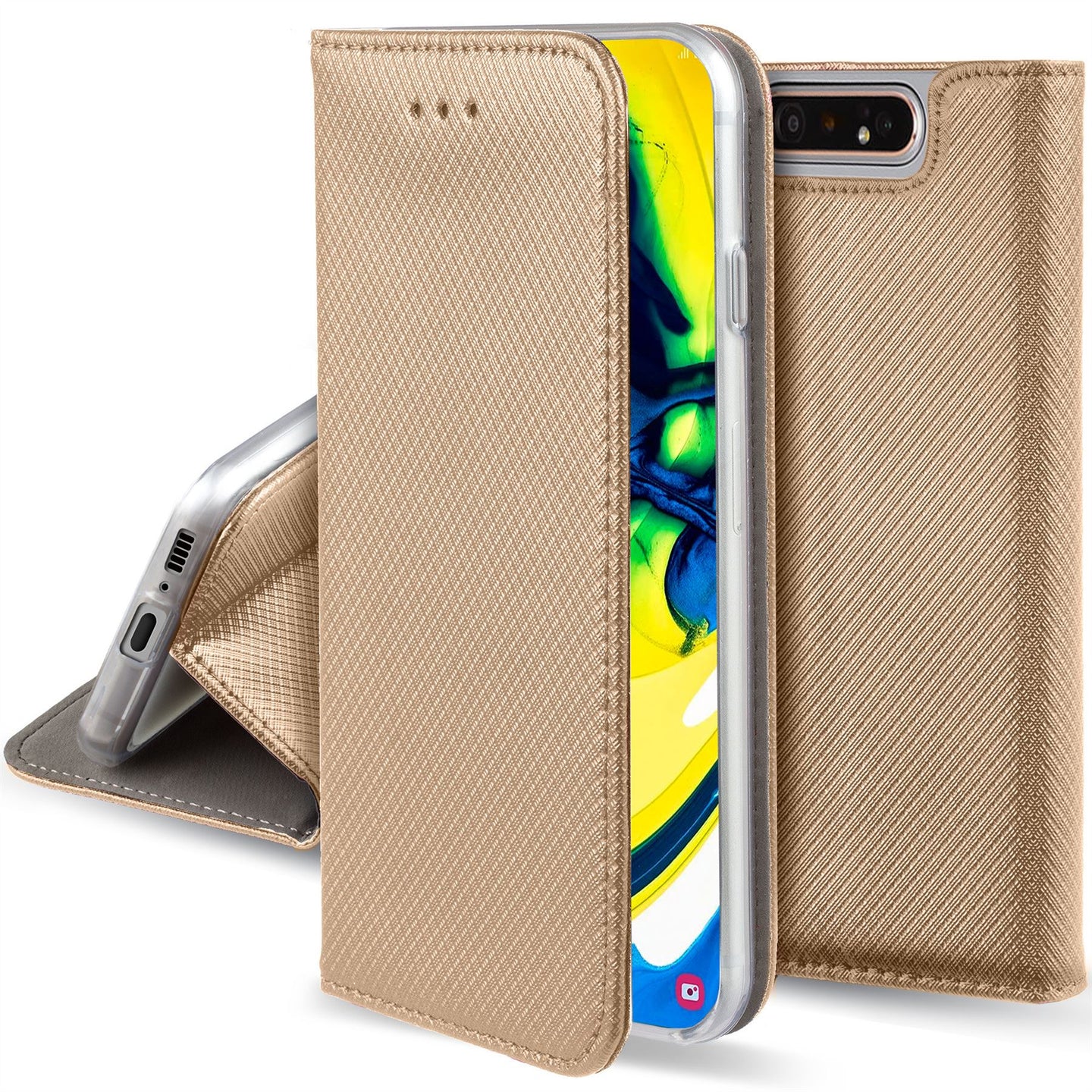 Moozy Case Flip Cover for Samsung A80, Gold - Smart Magnetic Flip Case with Card Holder and Stand