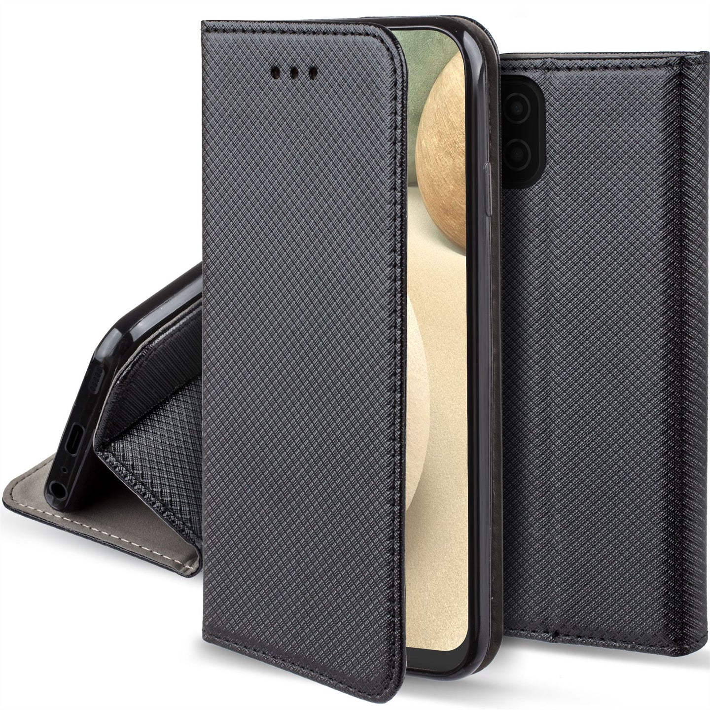 Moozy Case Flip Cover for Samsung A12, Black - Smart Magnetic Flip Case with Card Holder and Stand