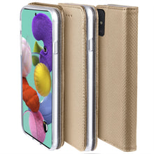 Load image into Gallery viewer, Moozy Case Flip Cover for Samsung A51, Gold - Smart Magnetic Flip Case with Card Holder and Stand
