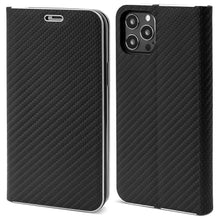 Lade das Bild in den Galerie-Viewer, Moozy Wallet Case for iPhone 13 Pro Max, Black Carbon – Flip Case with Metallic Border Design Magnetic Closure Flip Cover with Card Holder
