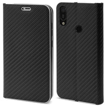 Lade das Bild in den Galerie-Viewer, Moozy Wallet Case for Huawei Y6 2019, Black Carbon – Metallic Edge Protection Magnetic Closure Flip Cover with Card Holder
