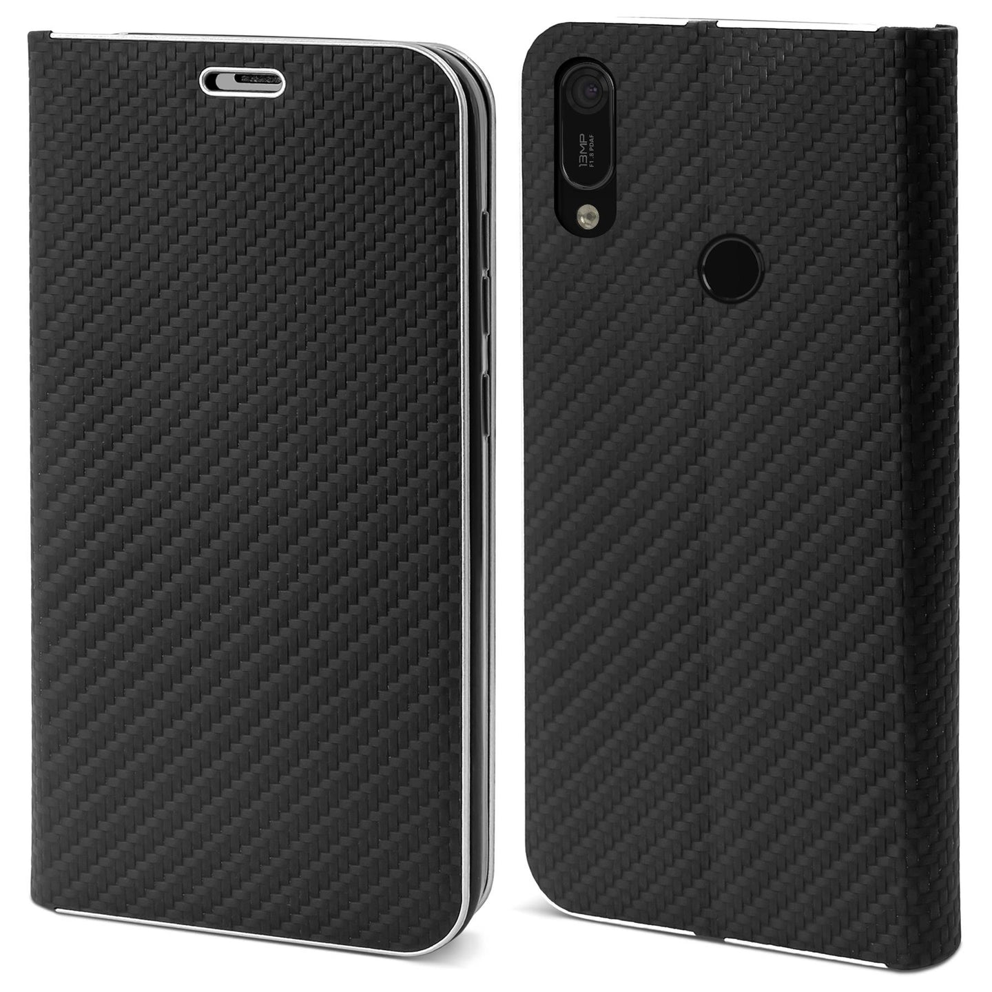 Moozy Wallet Case for Huawei Y6 2019, Black Carbon – Metallic Edge Protection Magnetic Closure Flip Cover with Card Holder