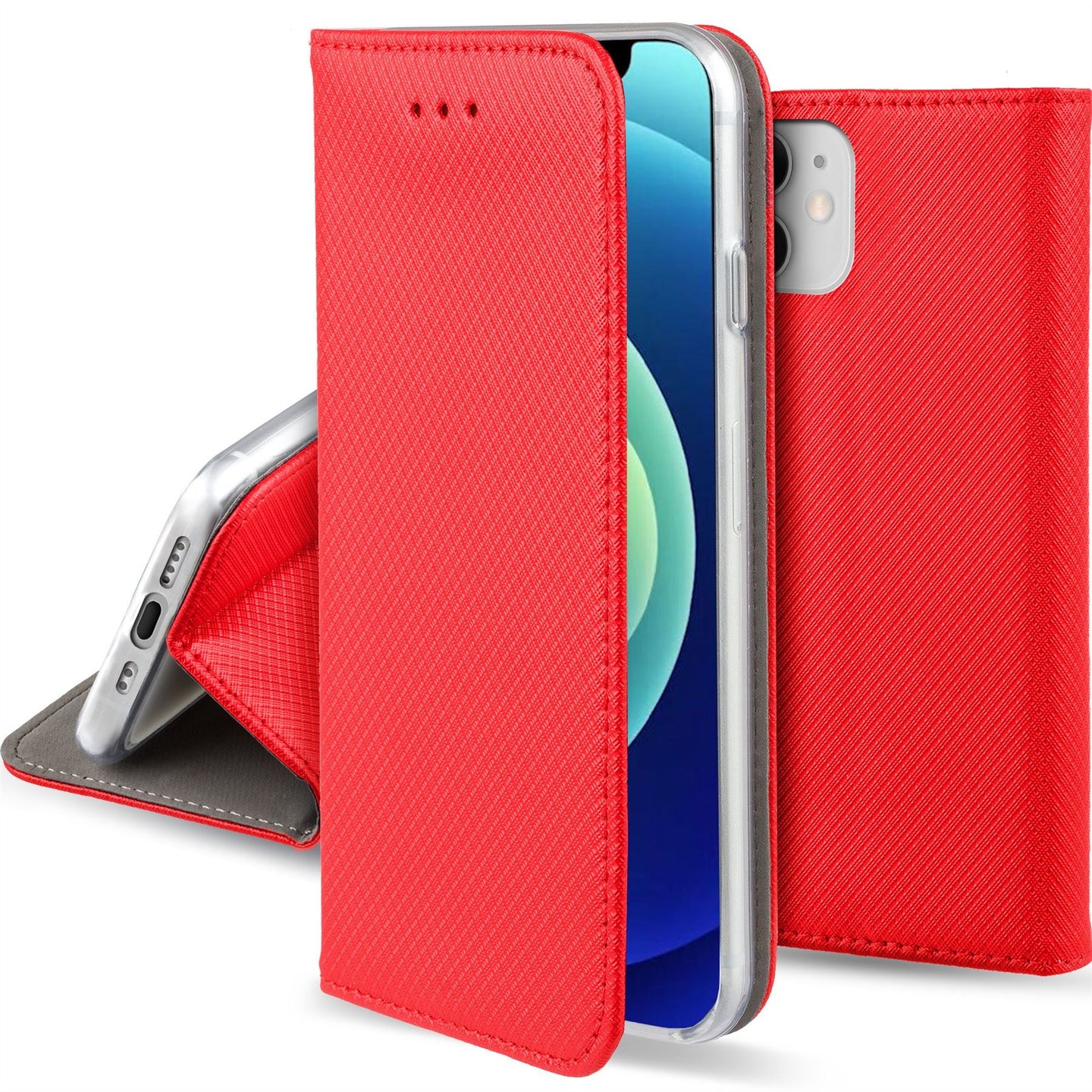 Moozy Case Flip Cover for iPhone 12 mini, Red - Smart Magnetic Flip Case with Card Holder and Stand