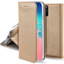 Load image into Gallery viewer, Moozy Case Flip Cover for Samsung S10 Lite, Gold - Smart Magnetic Flip Case with Card Holder and Stand

