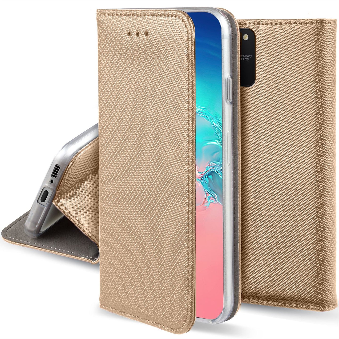 Moozy Case Flip Cover for Samsung S10 Lite, Gold - Smart Magnetic Flip Case with Card Holder and Stand