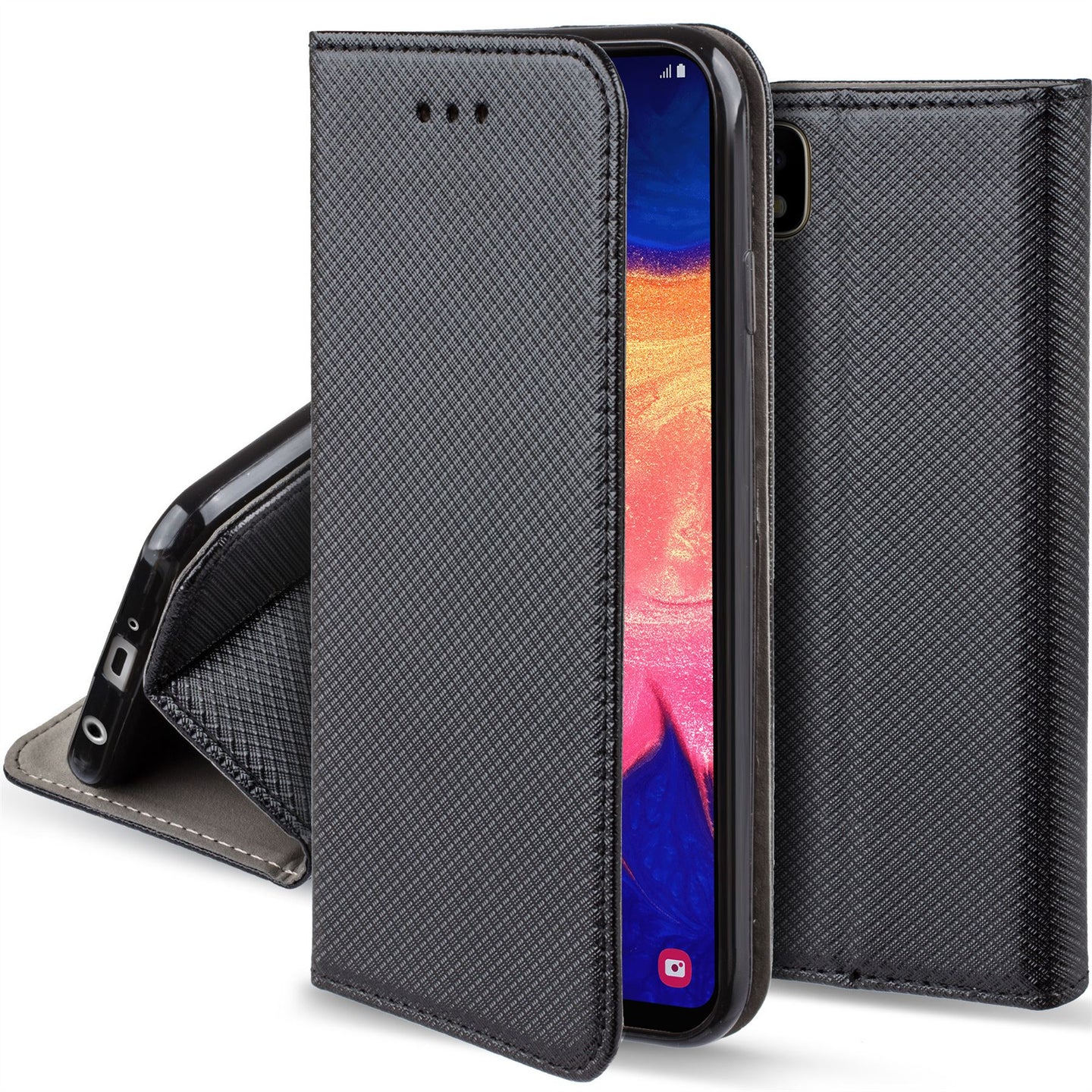 Moozy Case Flip Cover for Samsung A10, Black - Smart Magnetic Flip Case with Card Holder and Stand