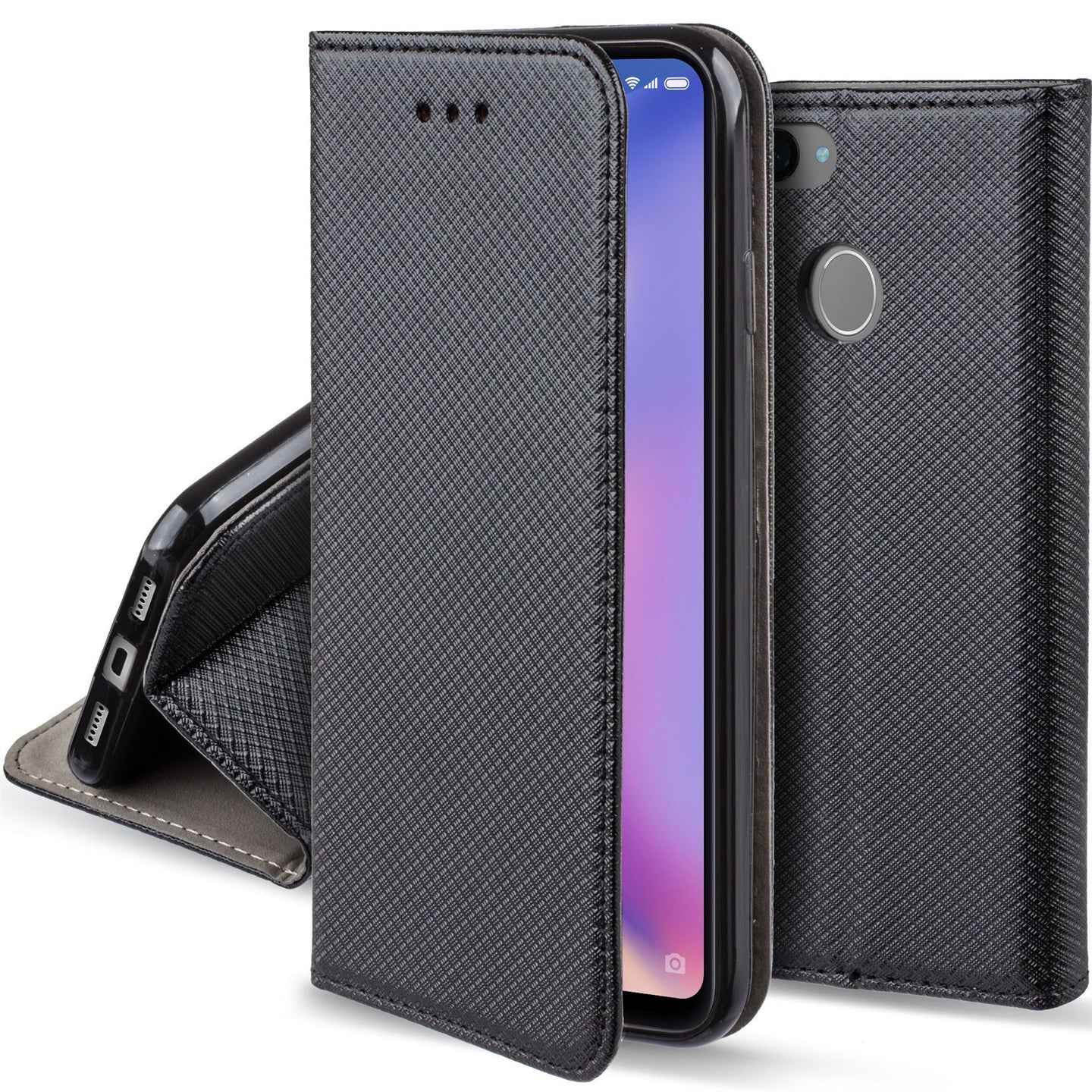 Moozy Case Flip Cover for Xiaomi Mi 8 Lite, Black - Smart Magnetic Flip Case with Card Holder and Stand