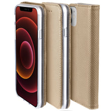 Lade das Bild in den Galerie-Viewer, Moozy Case Flip Cover for iPhone 12, iPhone 12 Pro, Gold - Smart Magnetic Flip Case with Card Holder and Stand
