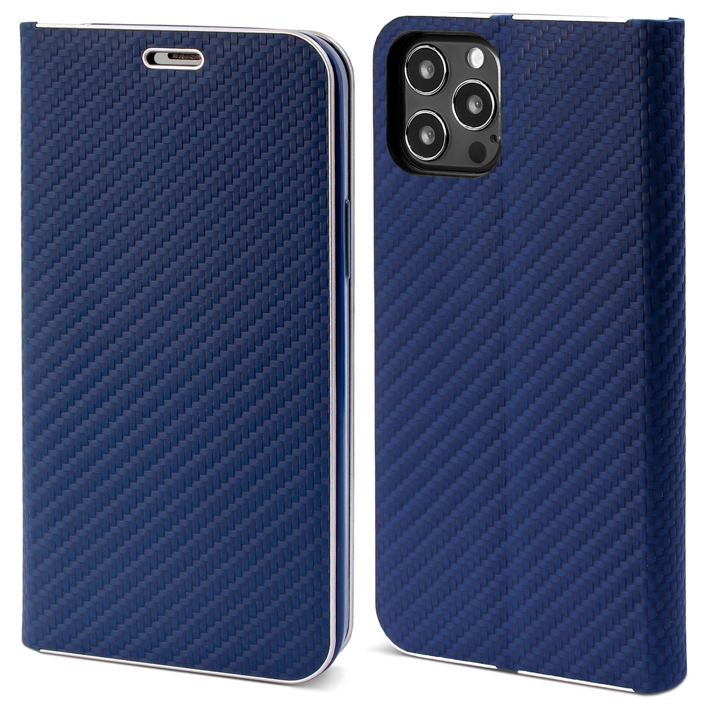 Moozy Wallet Case für iPhone 13 Pro, Dark Blue Carbon – Flip Case mit Metallic Rand Design Magnetverschluss Flip Cover mit Kartenhalter und Kickstand Funktion