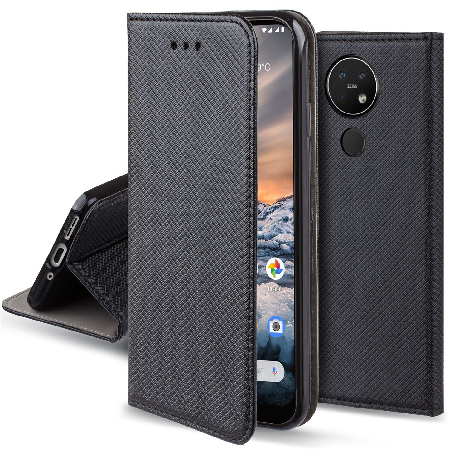 Moozy Case Flip Cover for Nokia 7.2, Nokia 6.2, Black - Smart Magnetic Flip Case with Card Holder and Stand