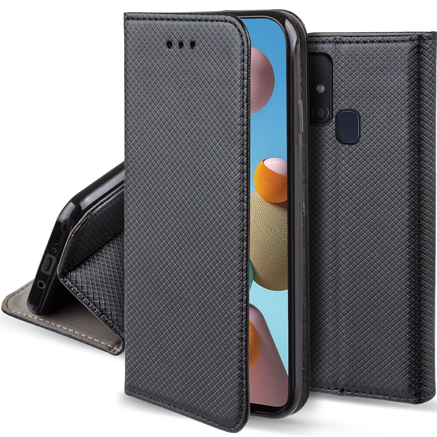 Moozy Case Flip Cover for Samsung A21s, Black - Smart Magnetic Flip Case with Card Holder and Stand